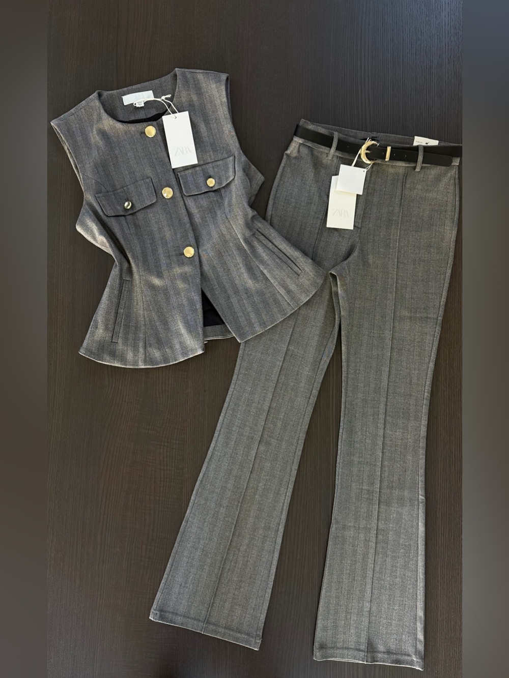 Zara Gray Pinstripe Vest and Flare Pants Set with Gold Buttons